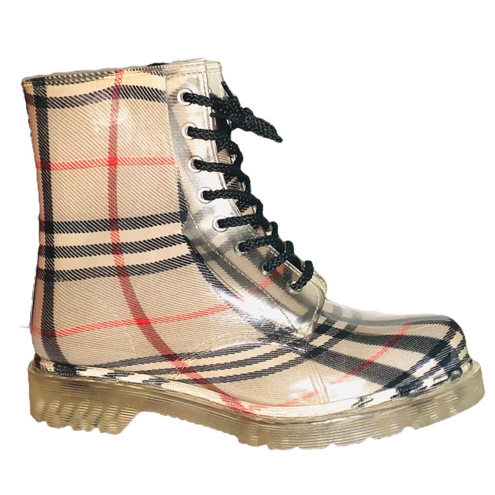 PLAID PATTERN ROUND TOE LACE UP RAIN BOOTS SIZE 9